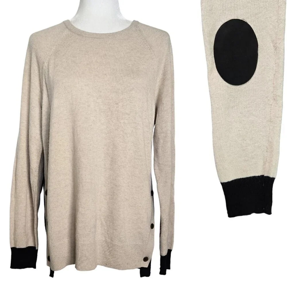 J. Crew Wool Blend Tan Black Elbow Patch Side Buttons Crew Neck Sweater Preppy